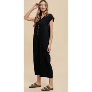 Anniewear Button Detail Black Wide Leg Guaze  Breezy Lagan Jumpsuit with Pockets